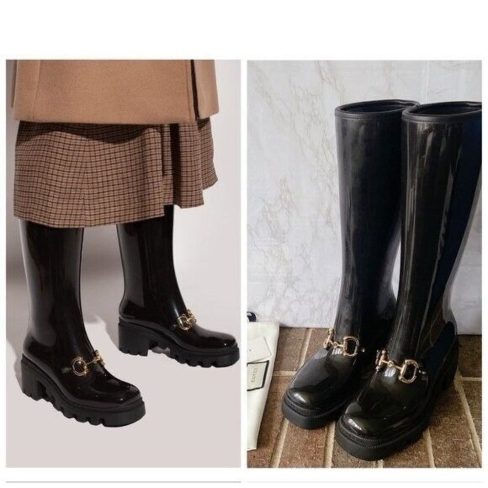 Gucci Horsebit Trip Lug Platform Heel Knee High Waterproof Rain Boot Black EU 36